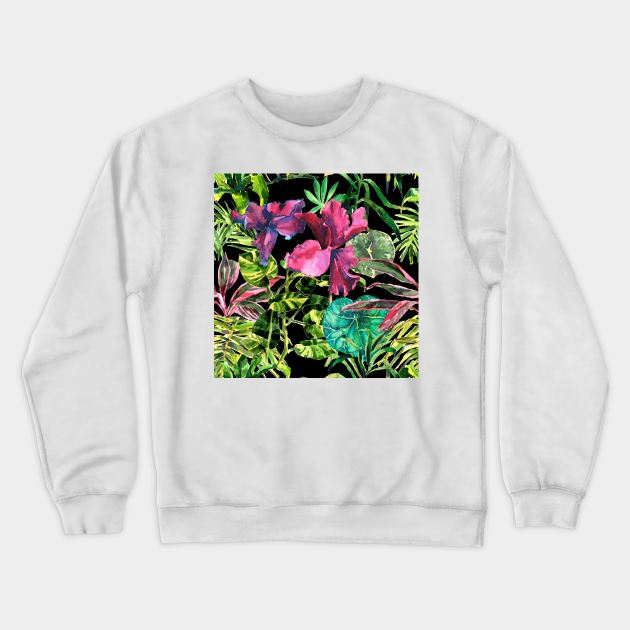 Seamless tropical flower, plant and leaf pattern background Crewneck Sweatshirt by Olga Berlet